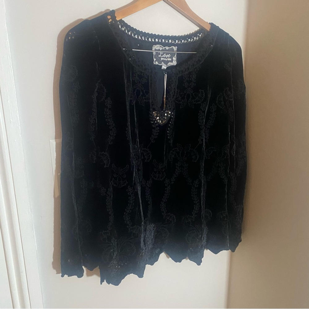 Johnny Was Black Althea Embroidered Velvet Silk Blend tunic top NWT